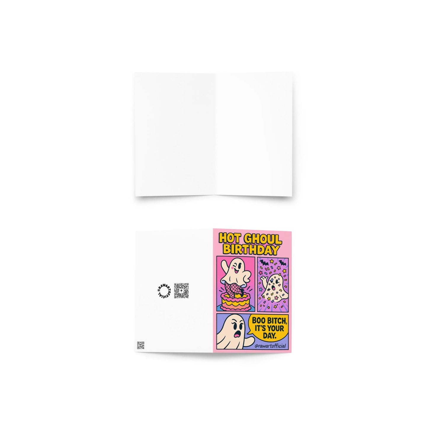 Retro cartoon ghost birthday card with fishnets, bats, and confetti – “Hot Ghoul Birthday.”