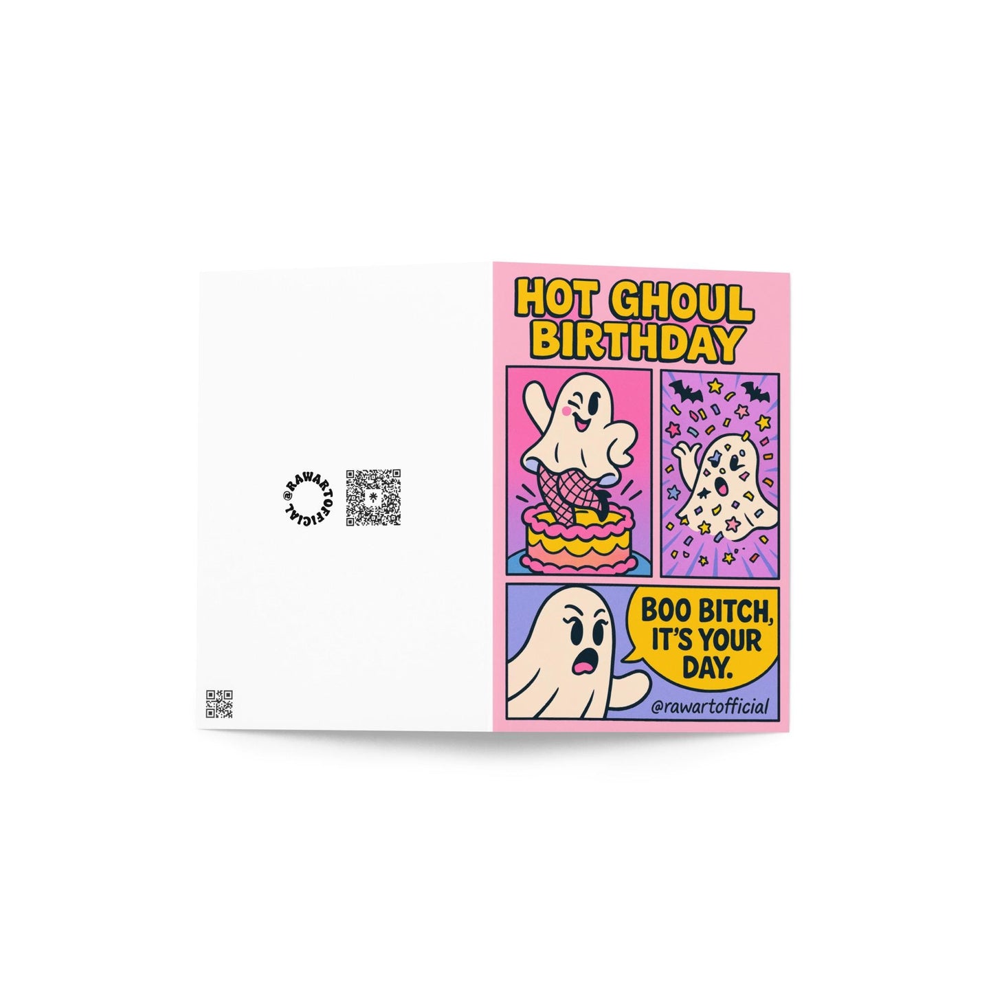 Retro cartoon ghost birthday card with fishnets, bats, and confetti – “Hot Ghoul Birthday.”