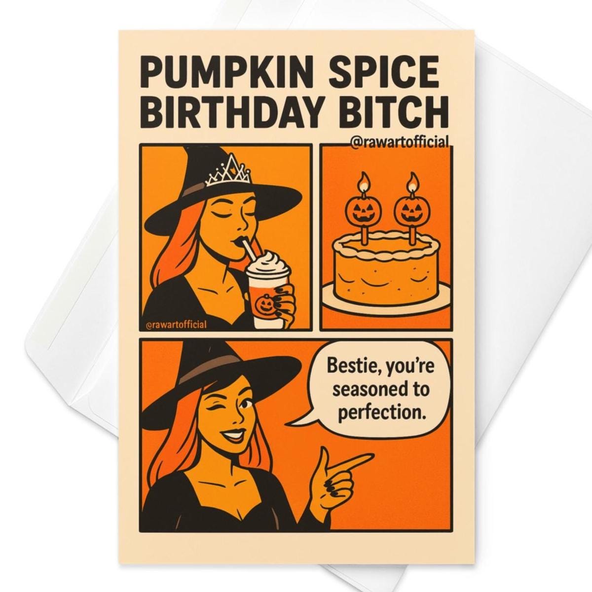 Greeting cardPumpkin Spice Birthday card with witch sipping coffee and pumpkin cake illustration.
