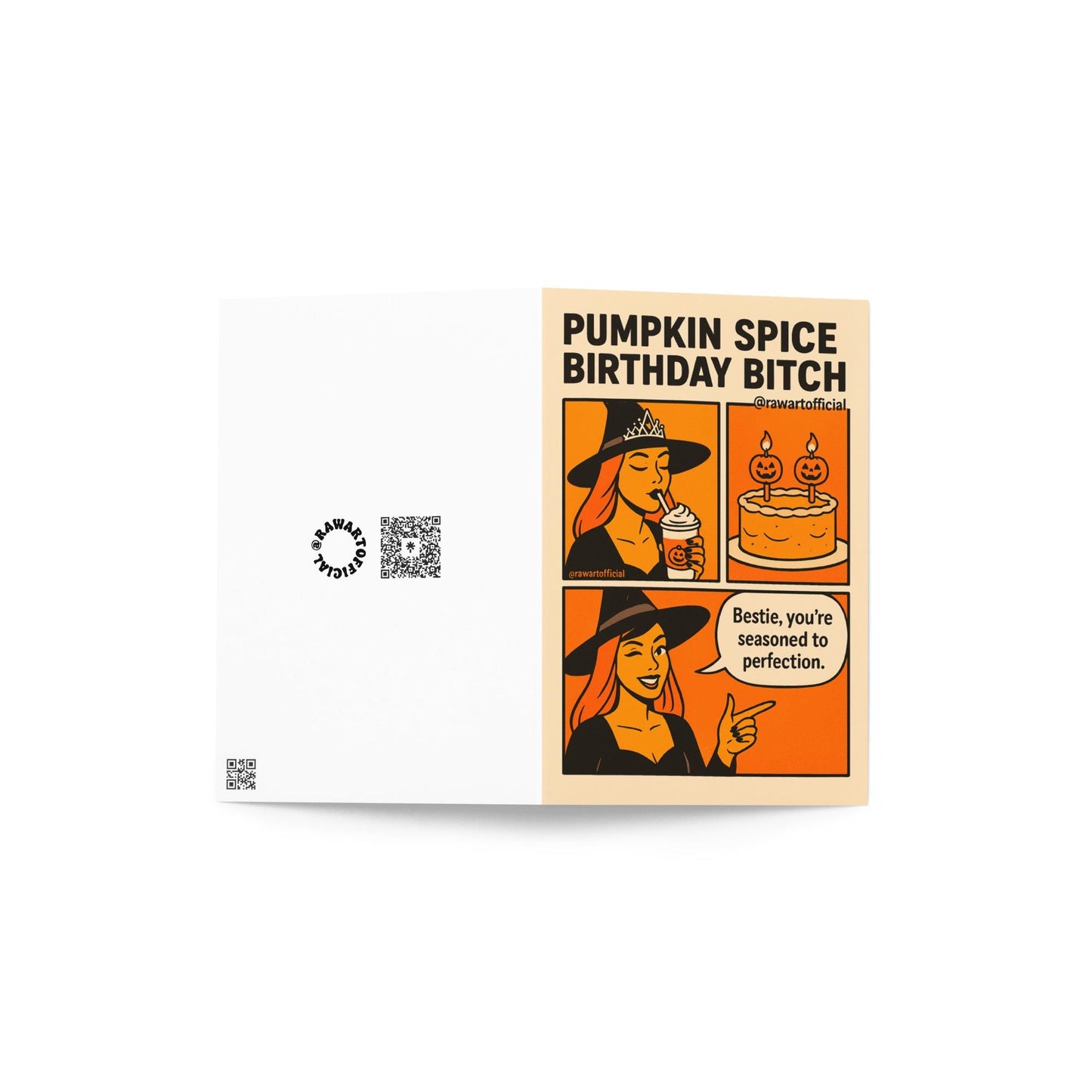 Greeting cardPumpkin Spice Birthday card with witch sipping coffee and pumpkin cake illustration.