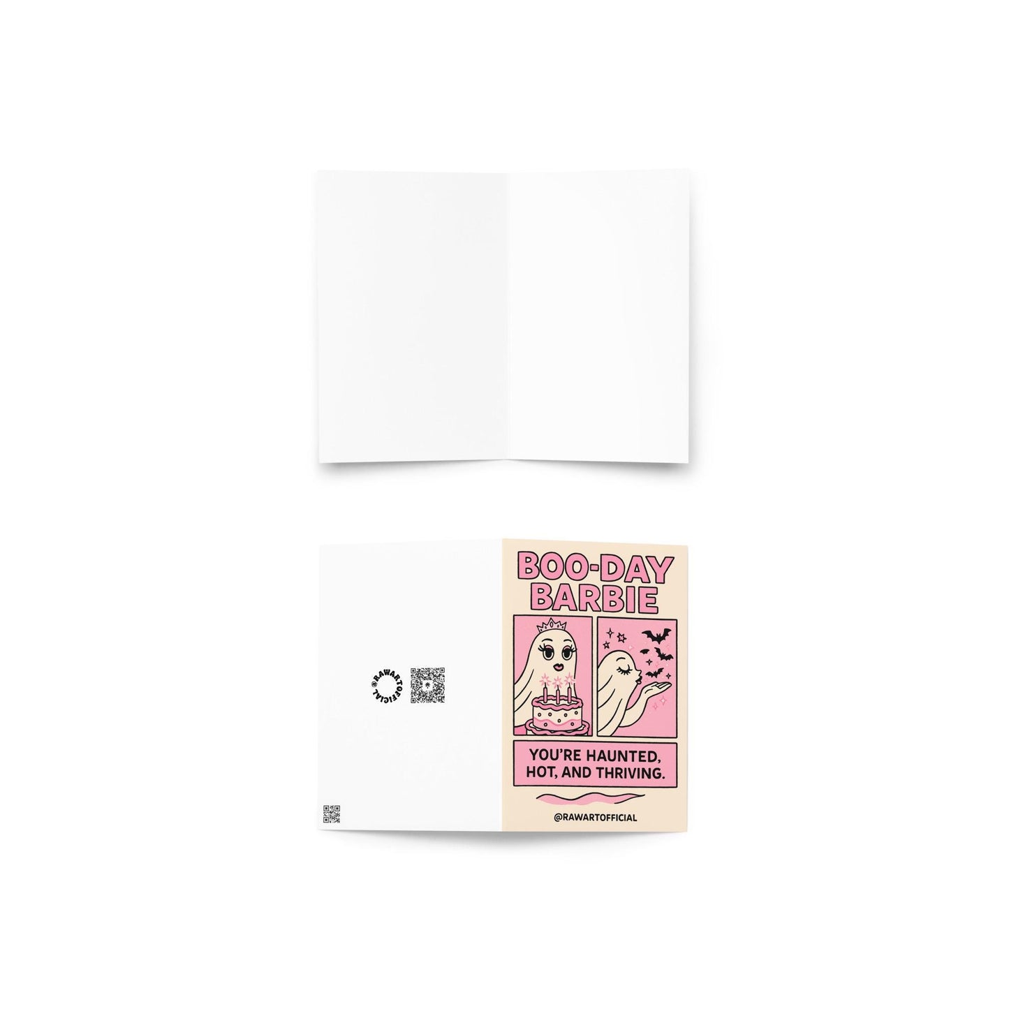 Pink ghost Barbie birthday card with tiara, bats, and cake saying “You’re Haunted, Hot, and Thriving.”
