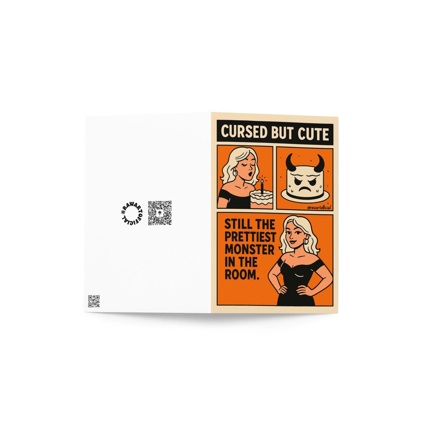 Retro goth birthday card with blonde monster girl and cursed cake, text "Cursed But Cute."