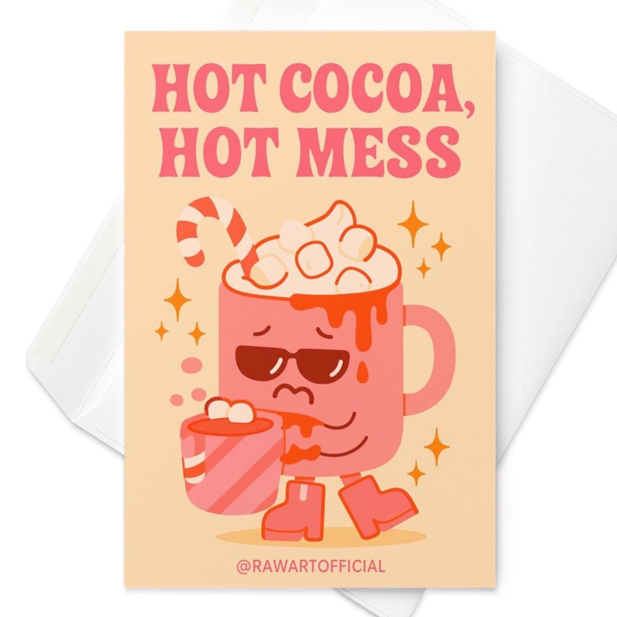 Funny Christmas greeting card with spilled hot cocoa mug wearing sunglasses and text “Hot Cocoa Hot Mess.”