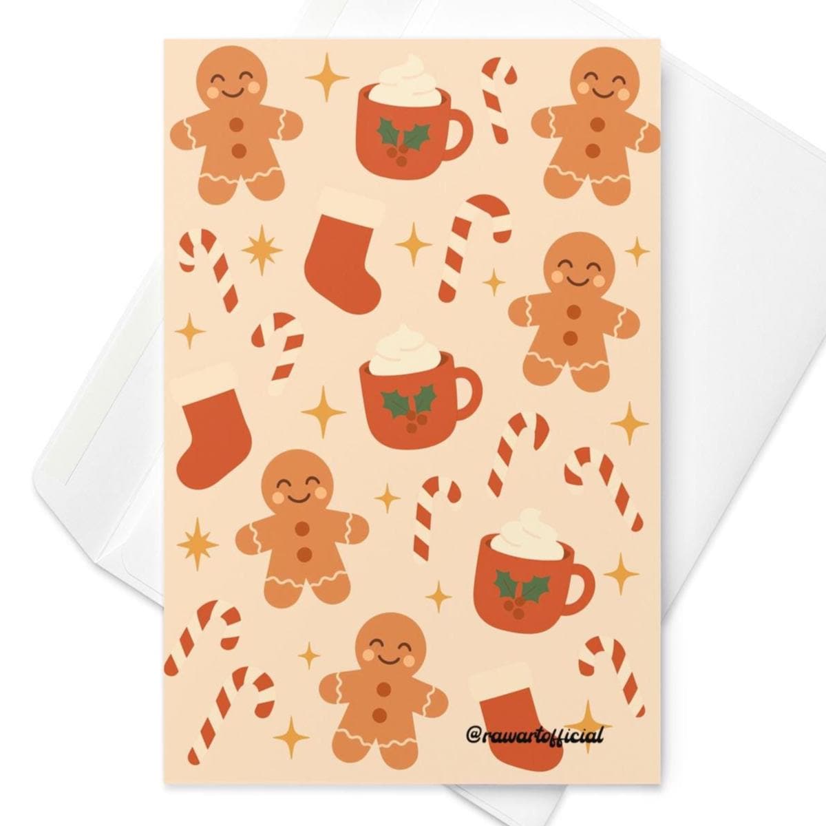 Christmas greeting card with festive pattern of gingerbread cookies, candy canes, stockings, and mugs of hot cocoa.