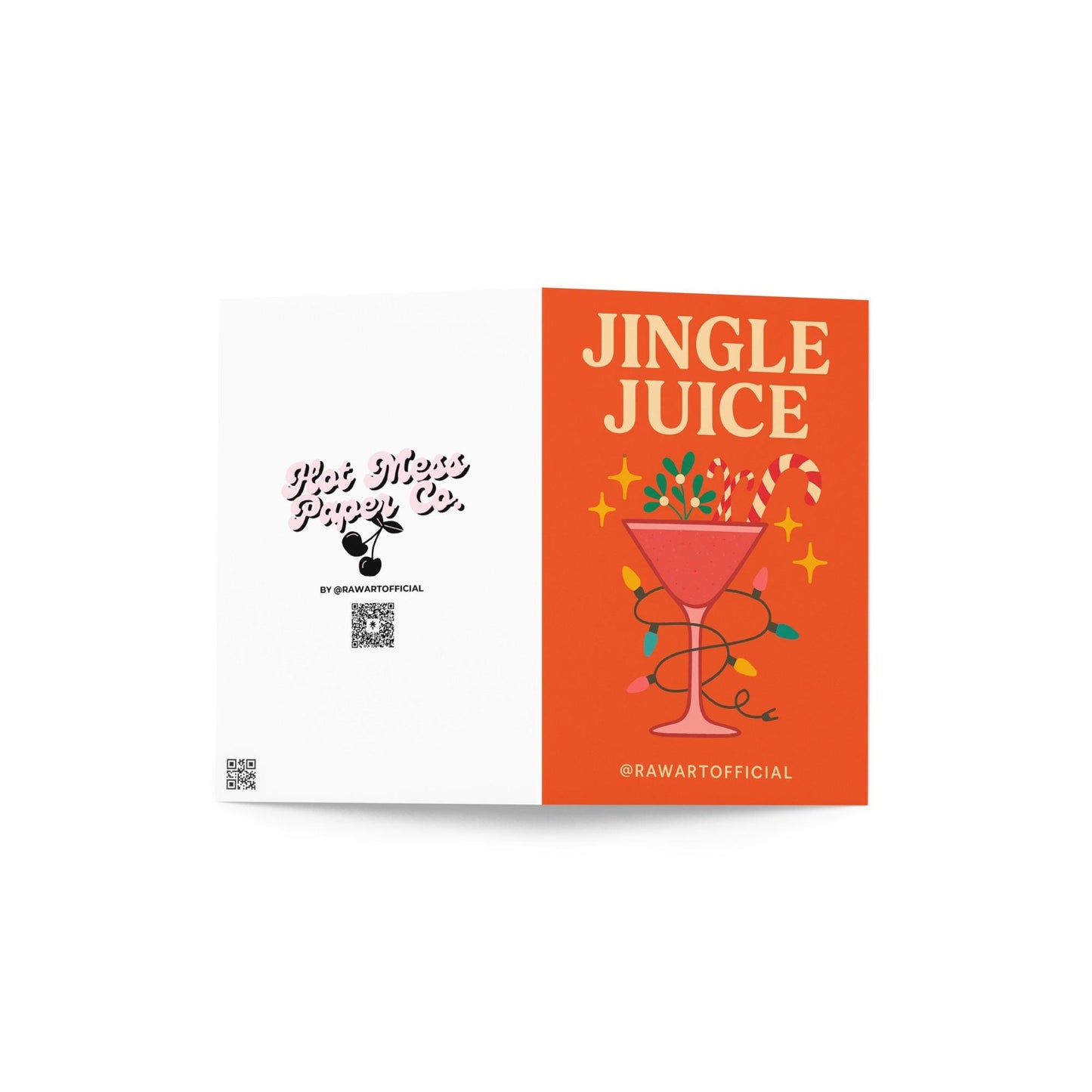 Retro Christmas card with a pink cocktail glass wrapped in lights, candy canes, and mistletoe, text reads "Jingle Juice."