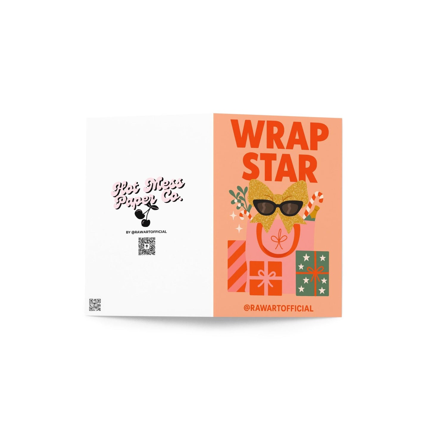 Funny Christmas card with “Wrap Star” text, glitter bow sunglasses, and wrapped gifts design.