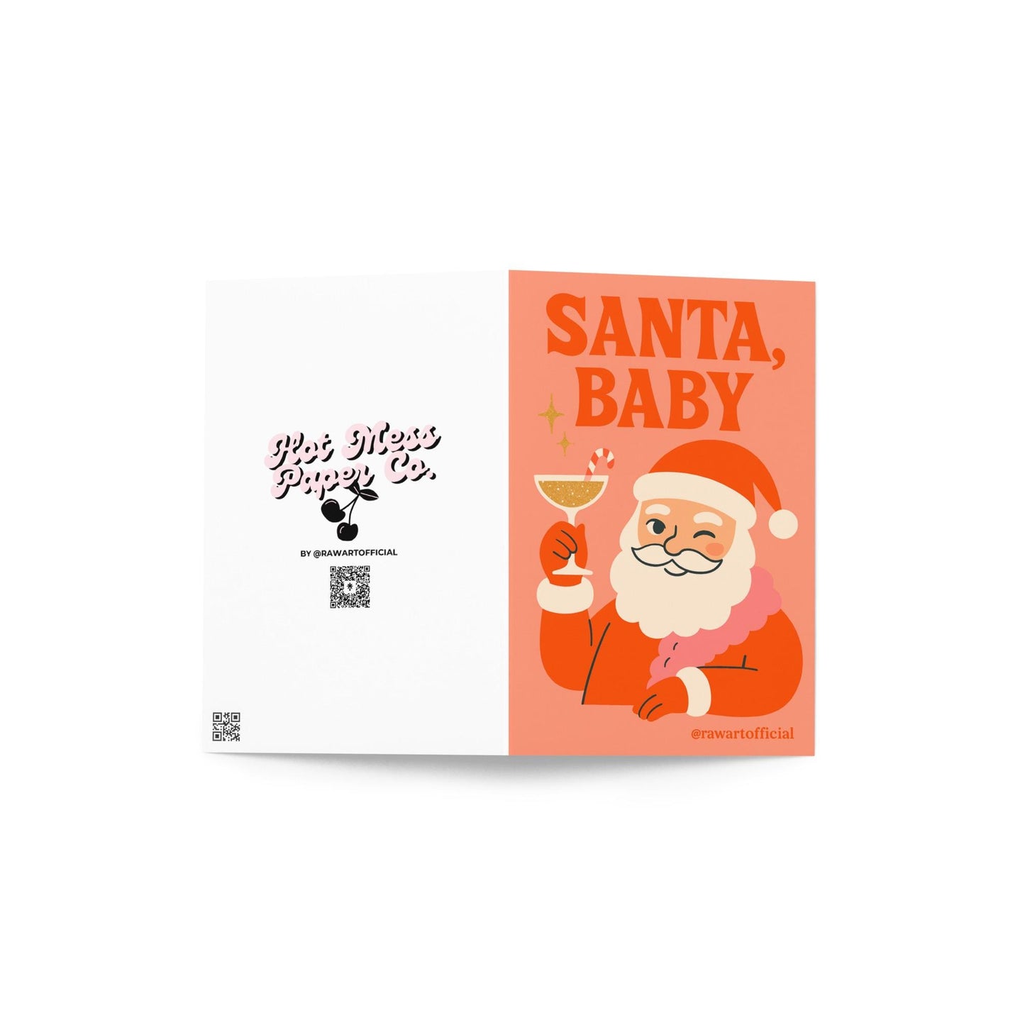 Retro Santa winks and raises a cocktail with a candy cane under “Santa, Baby” on a coral background with sparkles; funny holiday card.