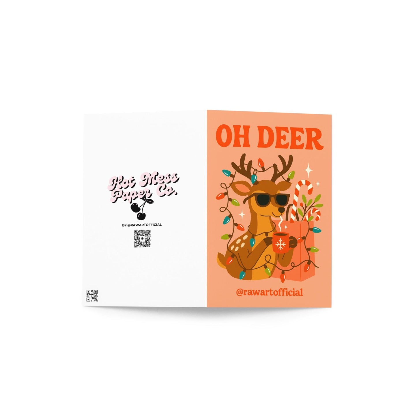 Retro reindeer Christmas card with sunglasses, tangled lights, cocoa, and candy canes, text reads "Oh Deer."