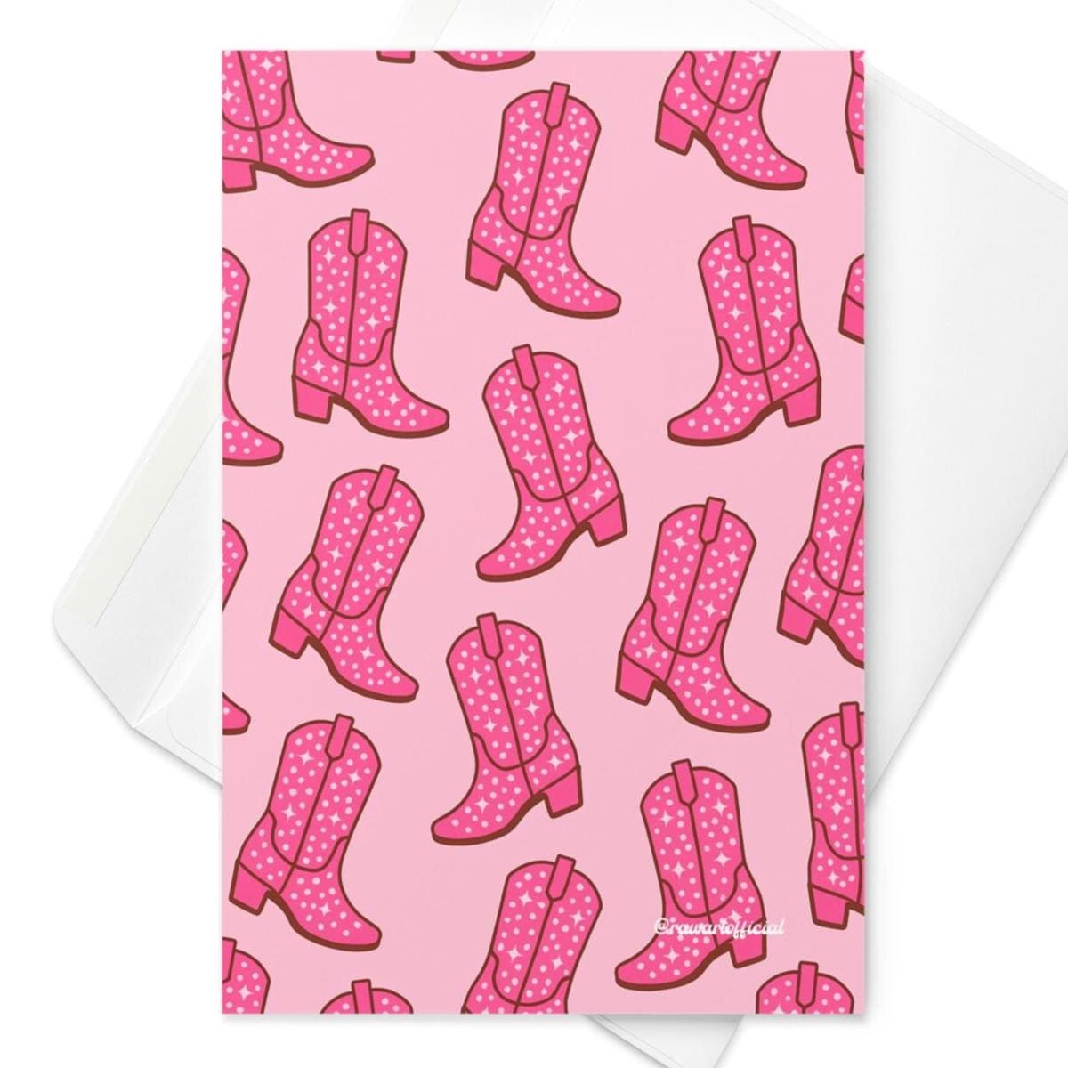 Greeting card featuring a repeating pattern of pink sparkly cowgirl boots on a soft pink background in a western party style.