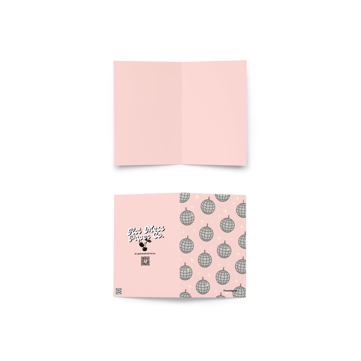 Retro disco ball greeting card with pink background and sparkly design