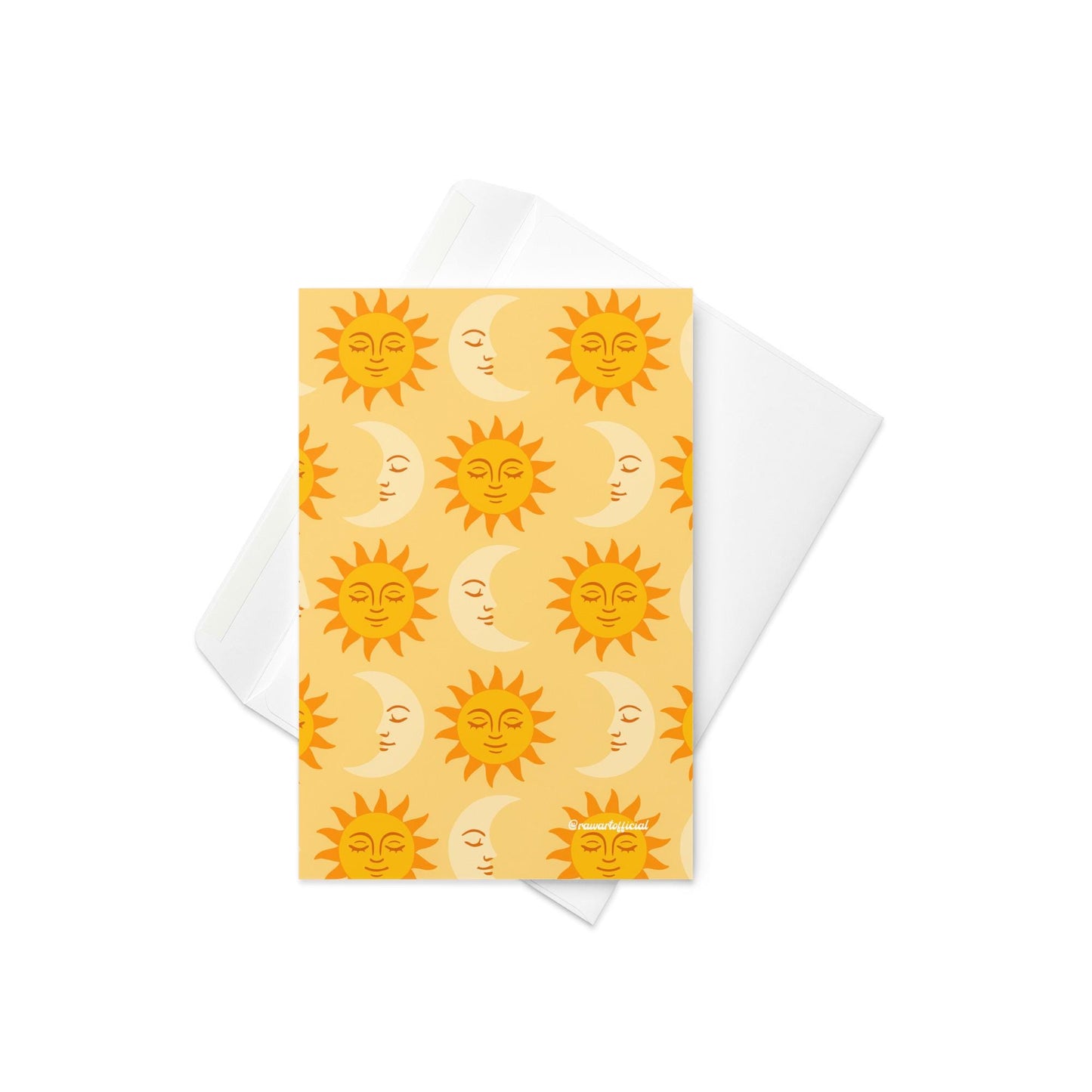 Golden yellow greeting card with repeating orange sun and cream moon pattern in retro celestial style.