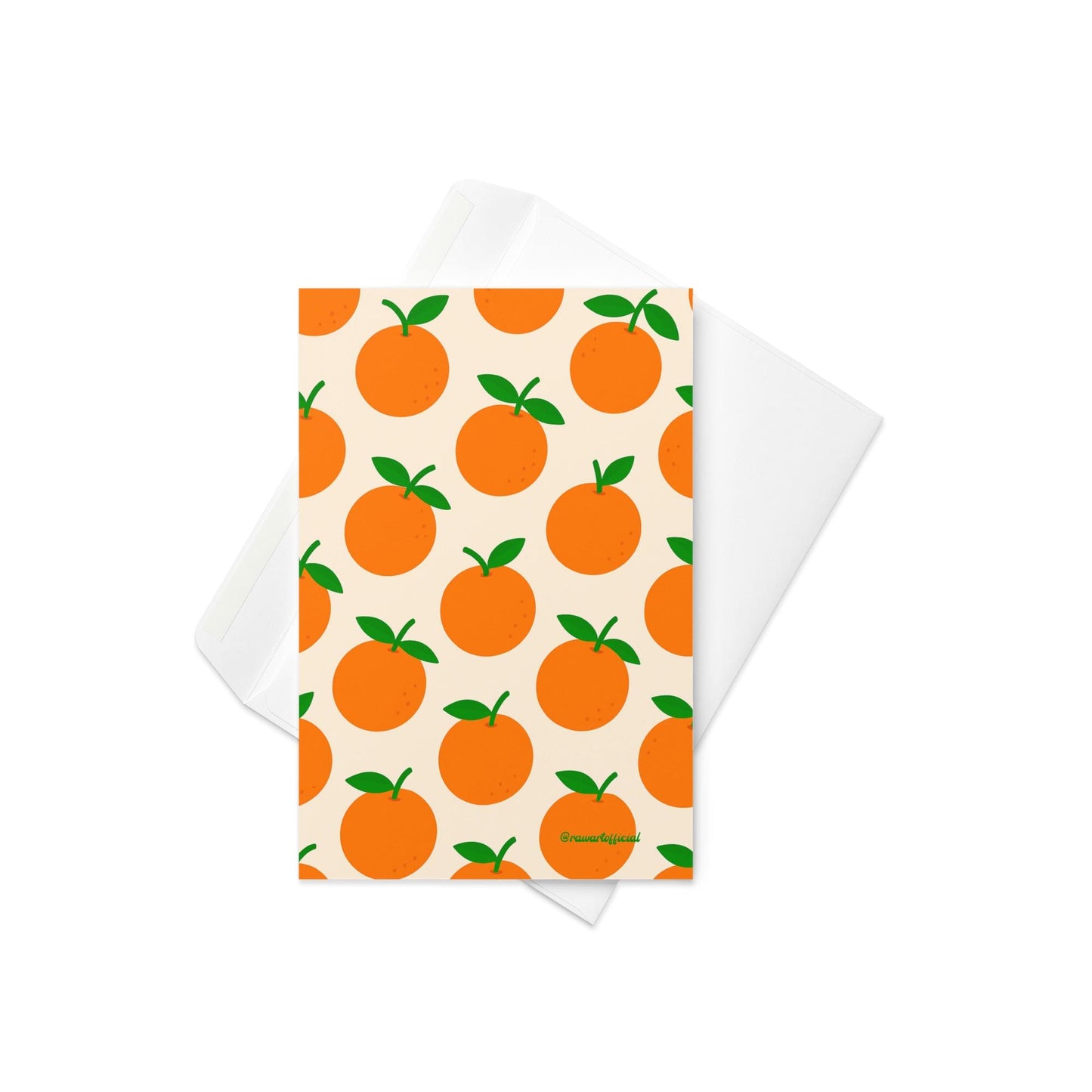 Greeting card featuring a repeating pattern of illustrated oranges with green leaves on a warm neutral background.