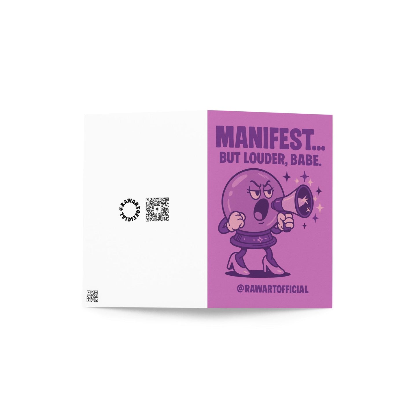 Retro crystal ball girl in heels with megaphone saying “Manifest But Louder Babe” on purple card.