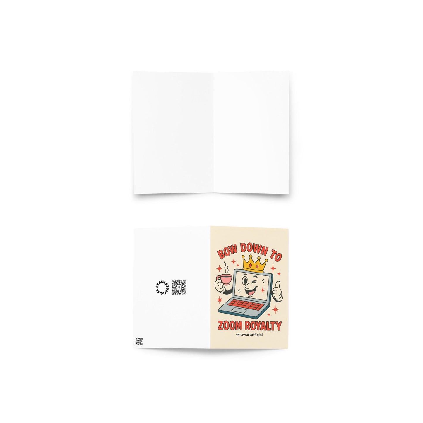 Retro cartoon laptop with crown and coffee cup, text reads “Bow Down to Zoom Royalty.”
