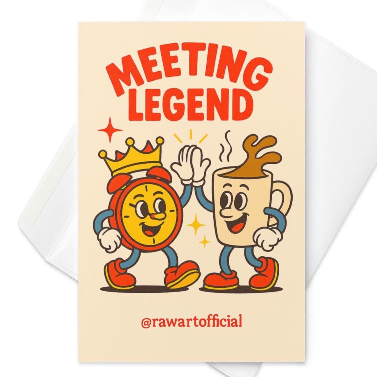 Retro cartoon clock and coffee mug high-fiving with text “Meeting Legend” – funny office greeting card design
