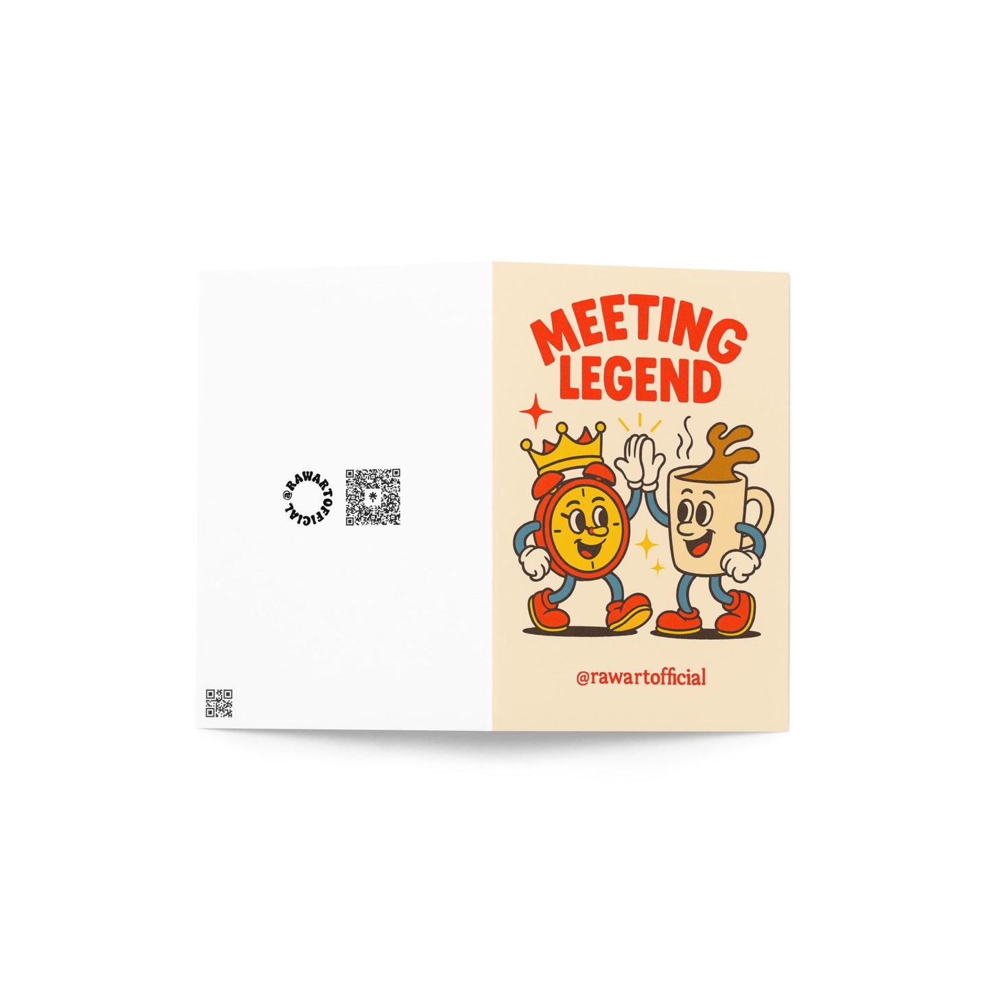 Retro cartoon clock and coffee mug high-fiving with text “Meeting Legend” – funny office greeting card design