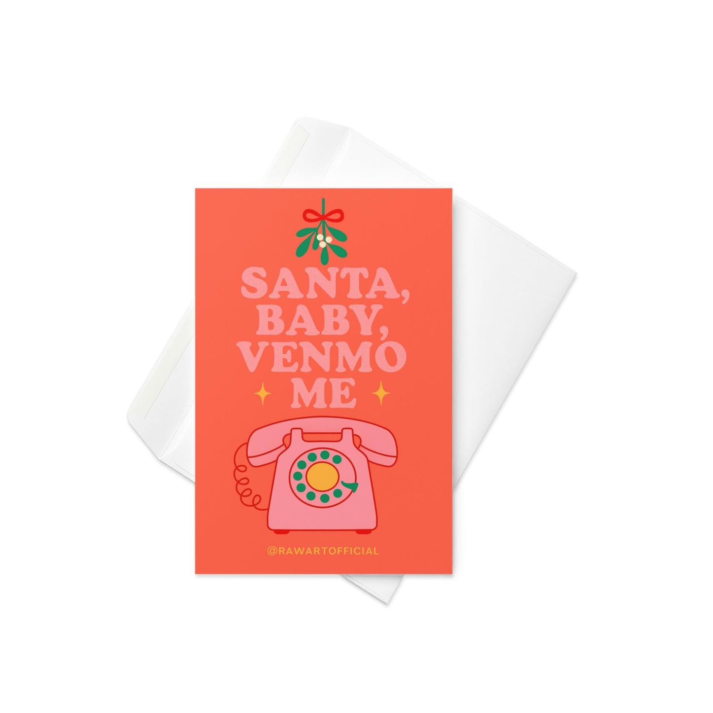 Retro “Santa Baby, Venmo Me” Christmas card with pink rotary phone and mistletoe
