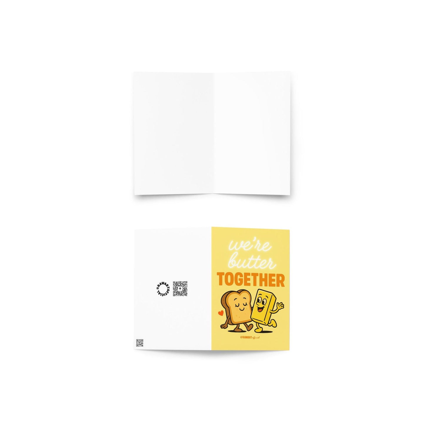 Retro cartoon toast and butter dancing together with text “We’re Butter Together” on yellow background.