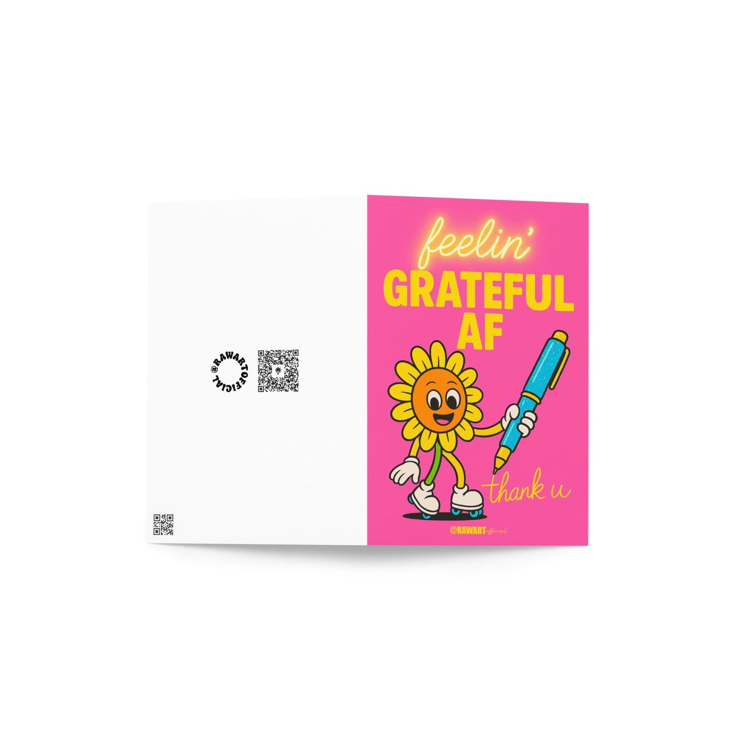 Retro sunflower on roller skates holding a pen with neon text “Feelin’ Grateful AF” on bright pink background.