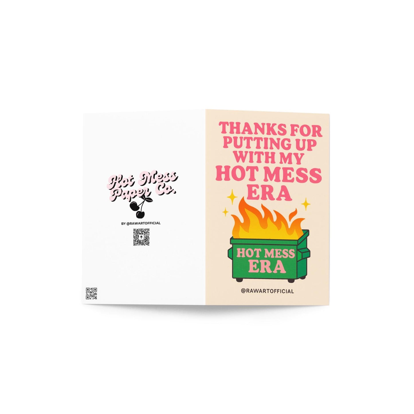 Funny Hot Mess Era card with flaming dumpster retro design and bold pink text.