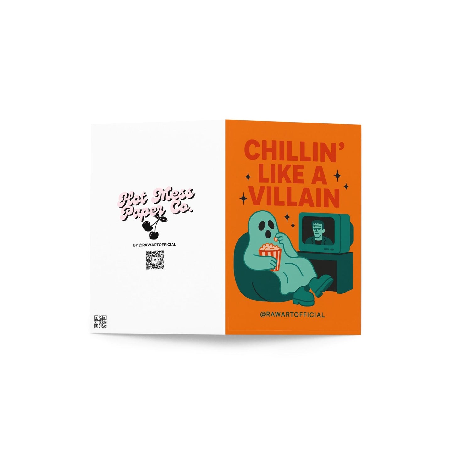 Funny Halloween card with retro ghost eating popcorn and “Chillin’ Like a Villain” text.