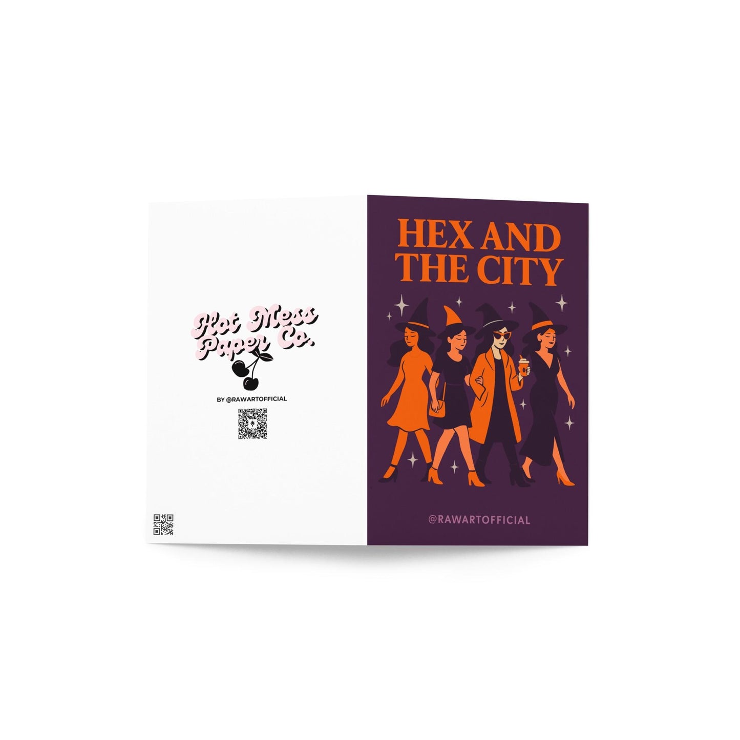 Retro witch-themed greeting card “Hex and the City” featuring four stylish witches in hats walking like a spooky girl gang.