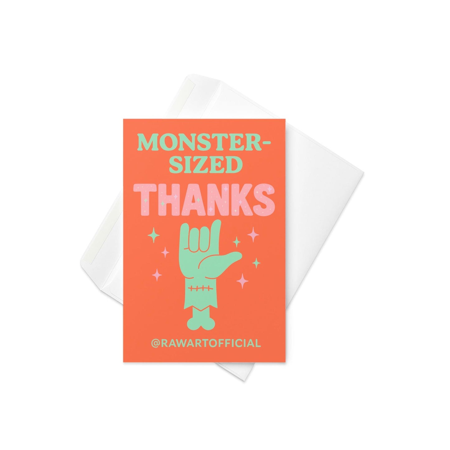 Halloween thank you card with green monster hand and pastel sparkles, reading āMonster-Sized Thanks,ā retro Hot Mess Paper Co design by @rawartofficial.
