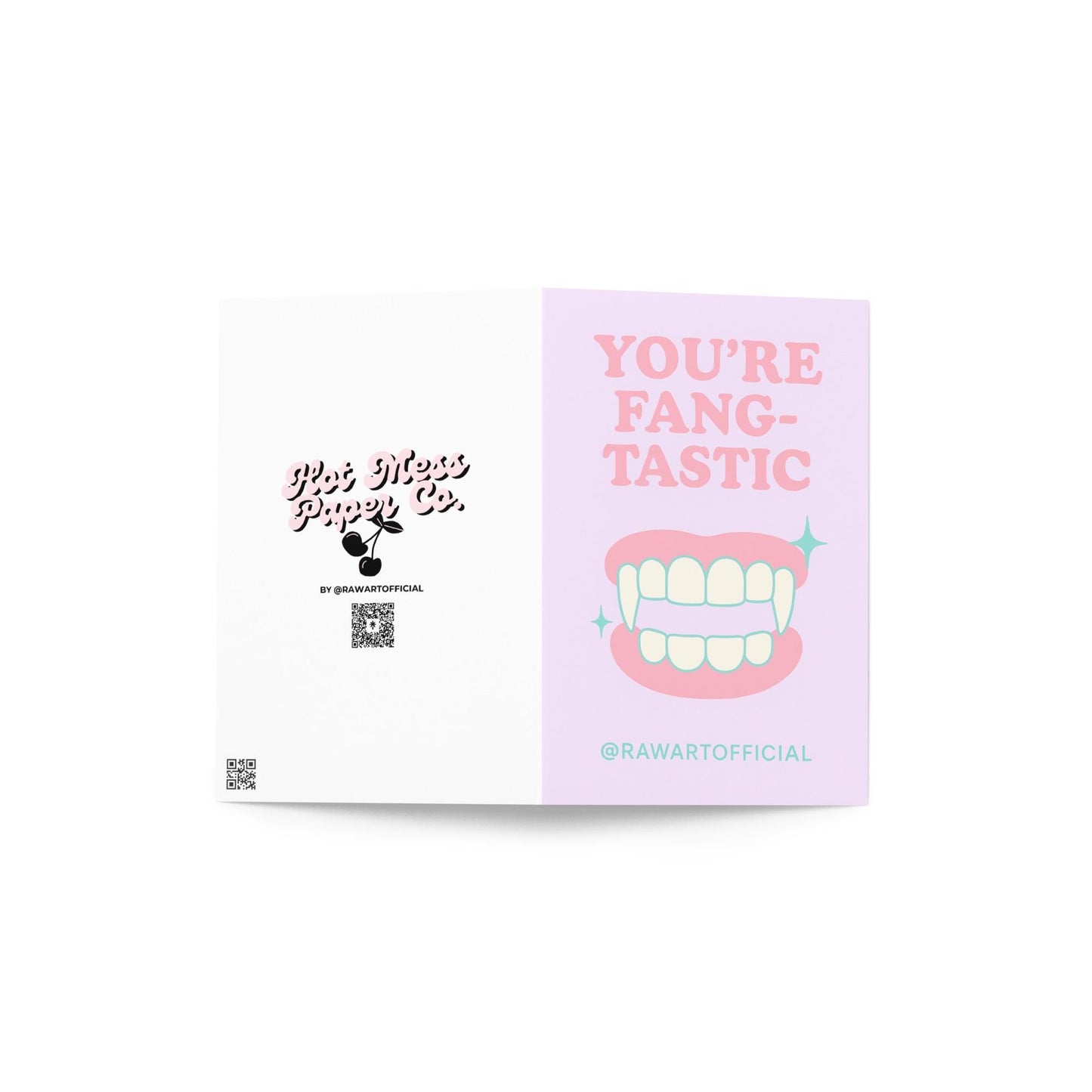 “You’re Fangtastic” Halloween card with cartoon vampire fangs in pastel pink and mint