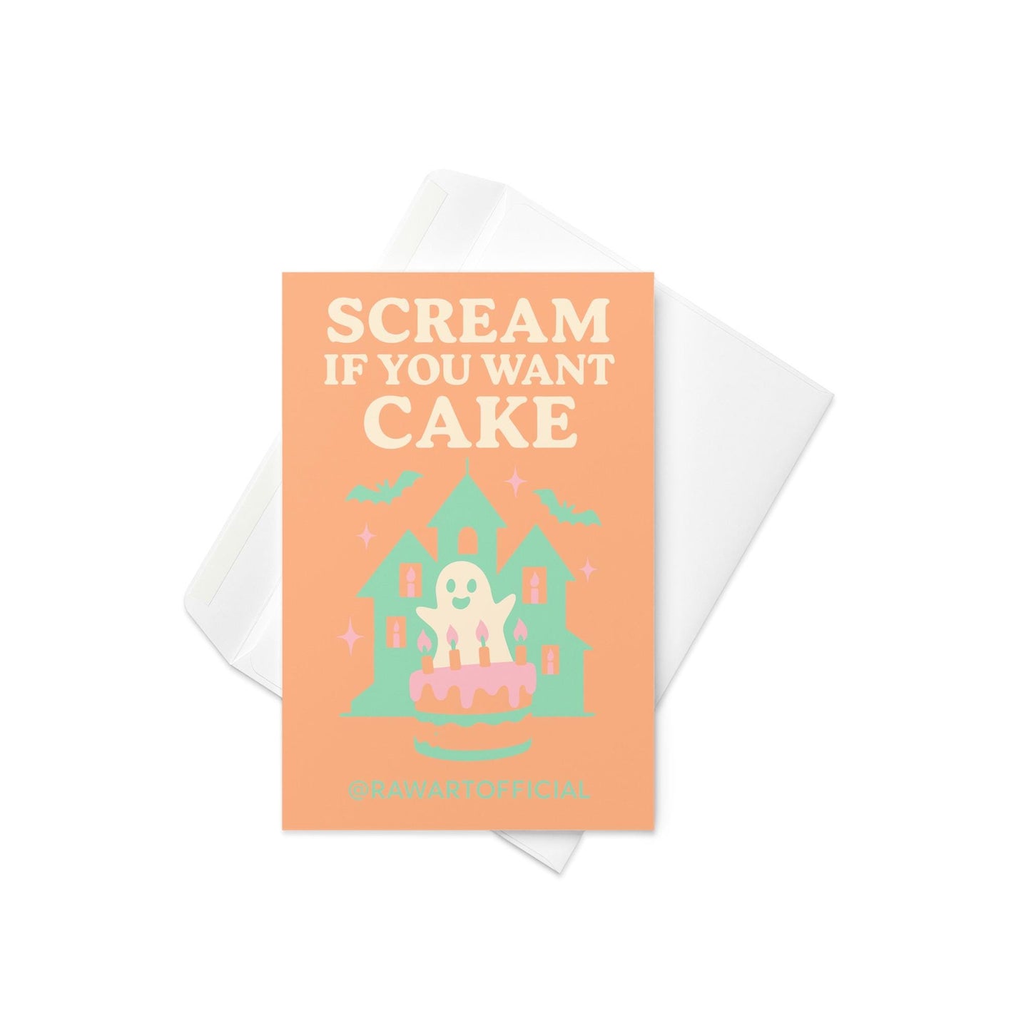 Pastel haunted house with ghost and birthday cake illustration, text reads “Scream If You Want Cake.”