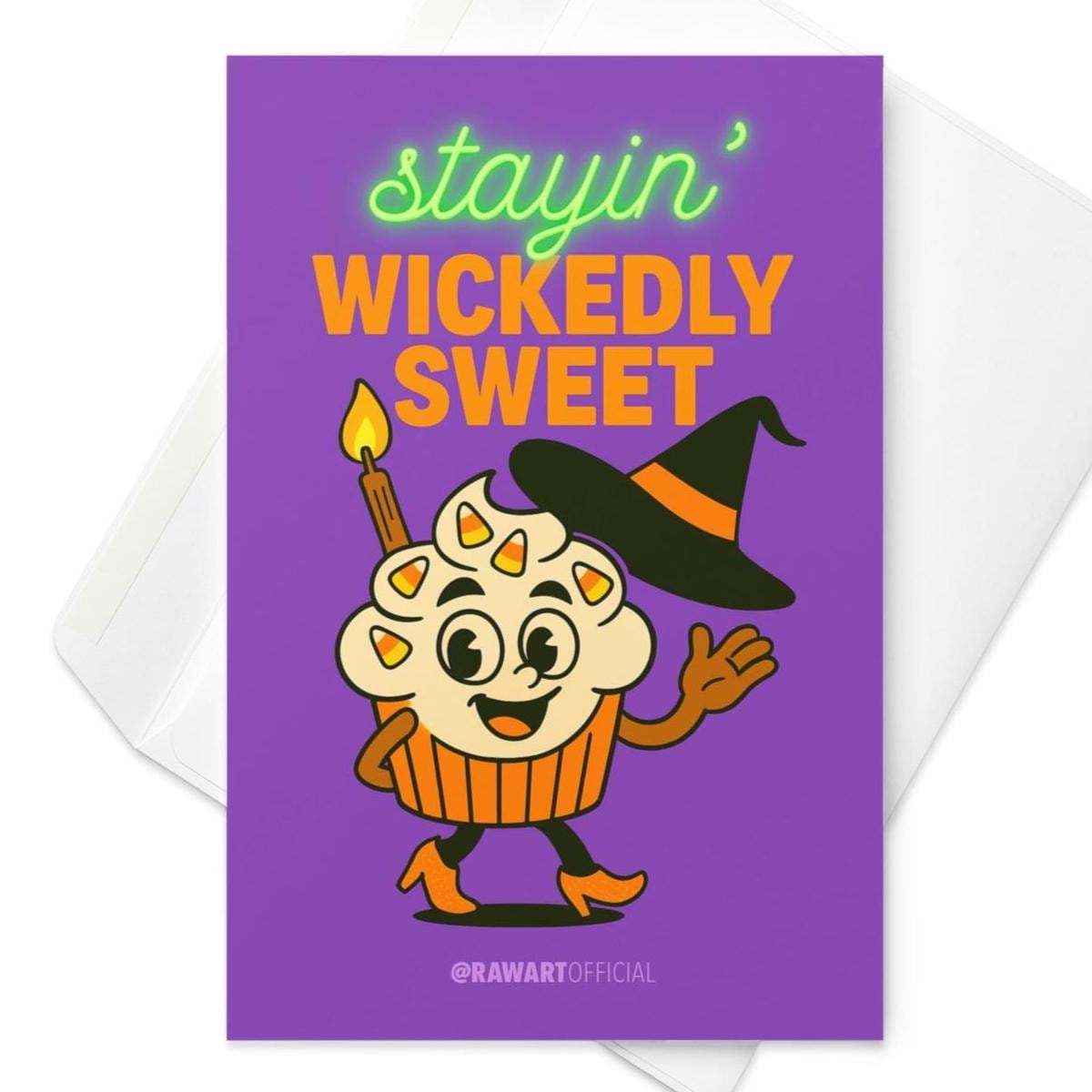 Retro witch cupcake Halloween card with candy corn sprinkles and pointy hat.