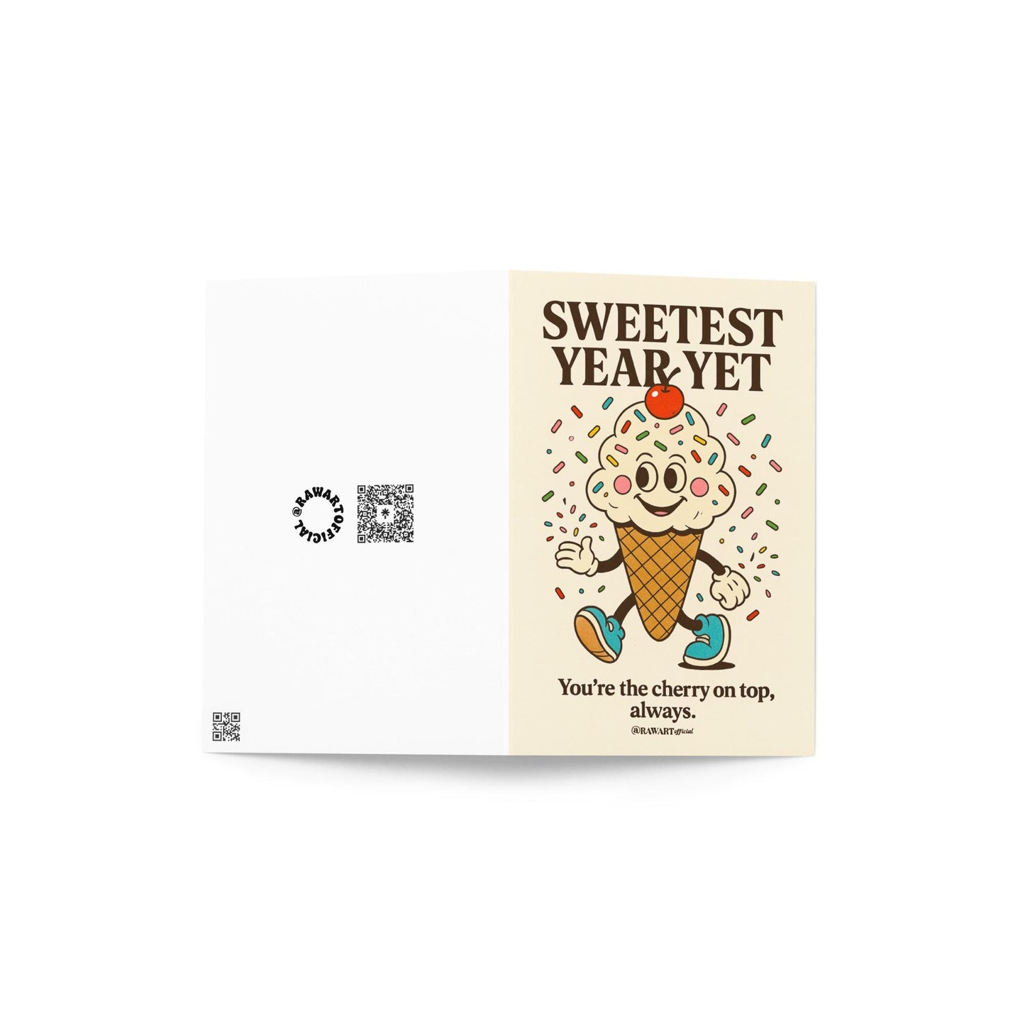 Retro ice cream cone birthday card with sprinkles and cherry on top, text says “Sweetest Year Yet.”