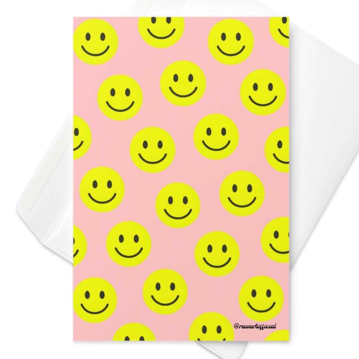 Retro pink greeting card with bold yellow smiley face pattern, playful and fun.