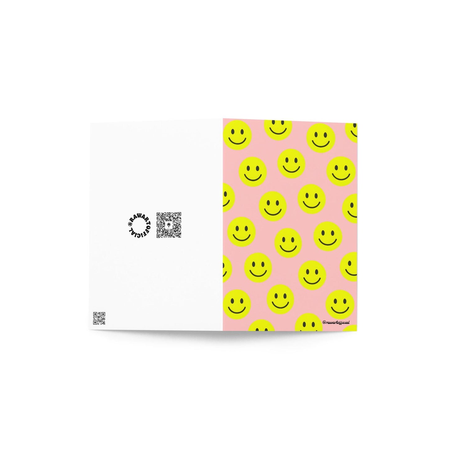 Retro pink greeting card with bold yellow smiley face pattern, playful and fun.