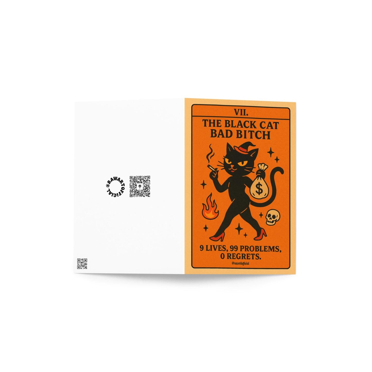 Halloween greeting card featuring a sassy black cat in heels with a money bag, tarot-style design, text reads “The Black Cat Bad B*tch.”