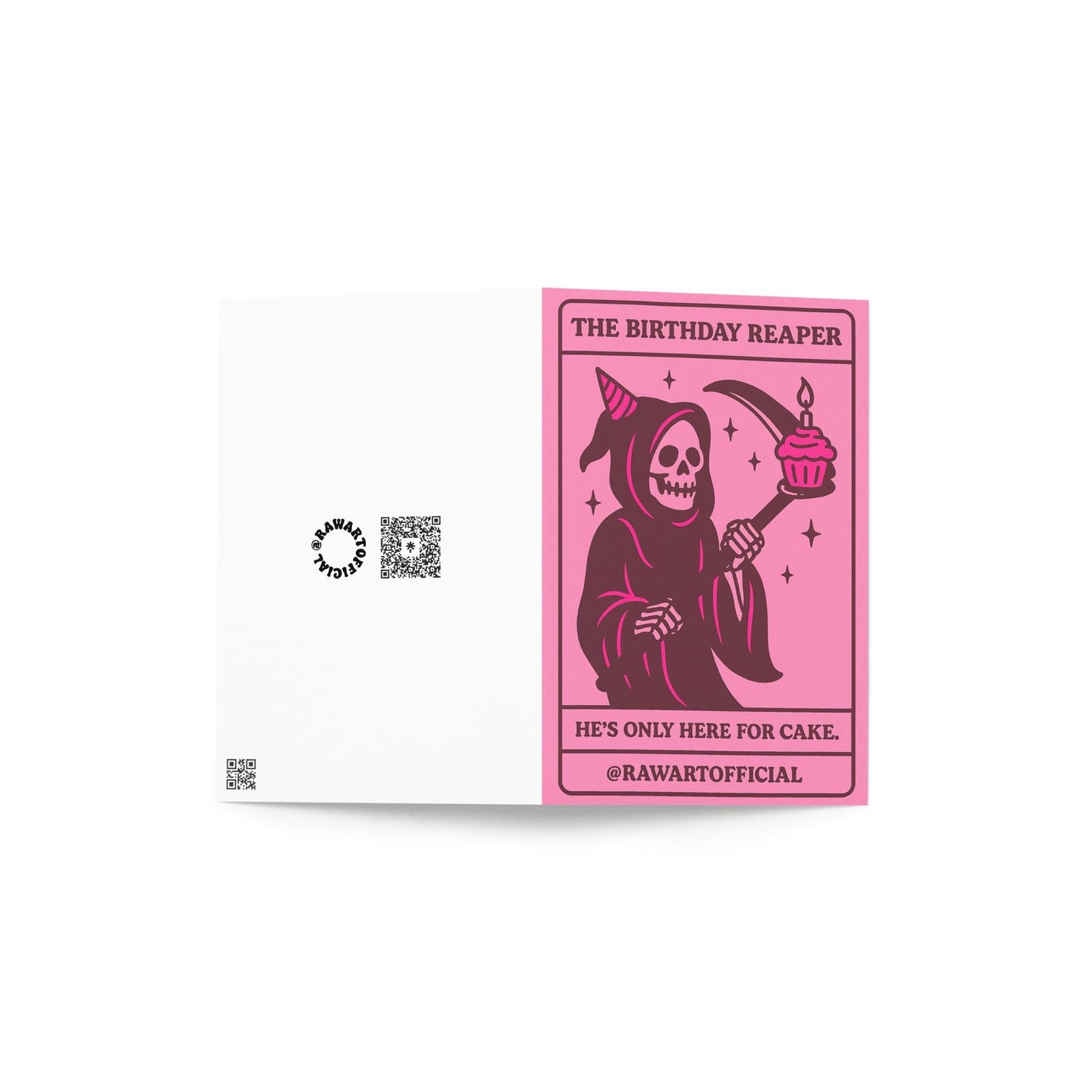Pink gothic birthday card featuring the Grim Reaper holding a scythe with a cupcake, captioned “He’s only here for cake.”