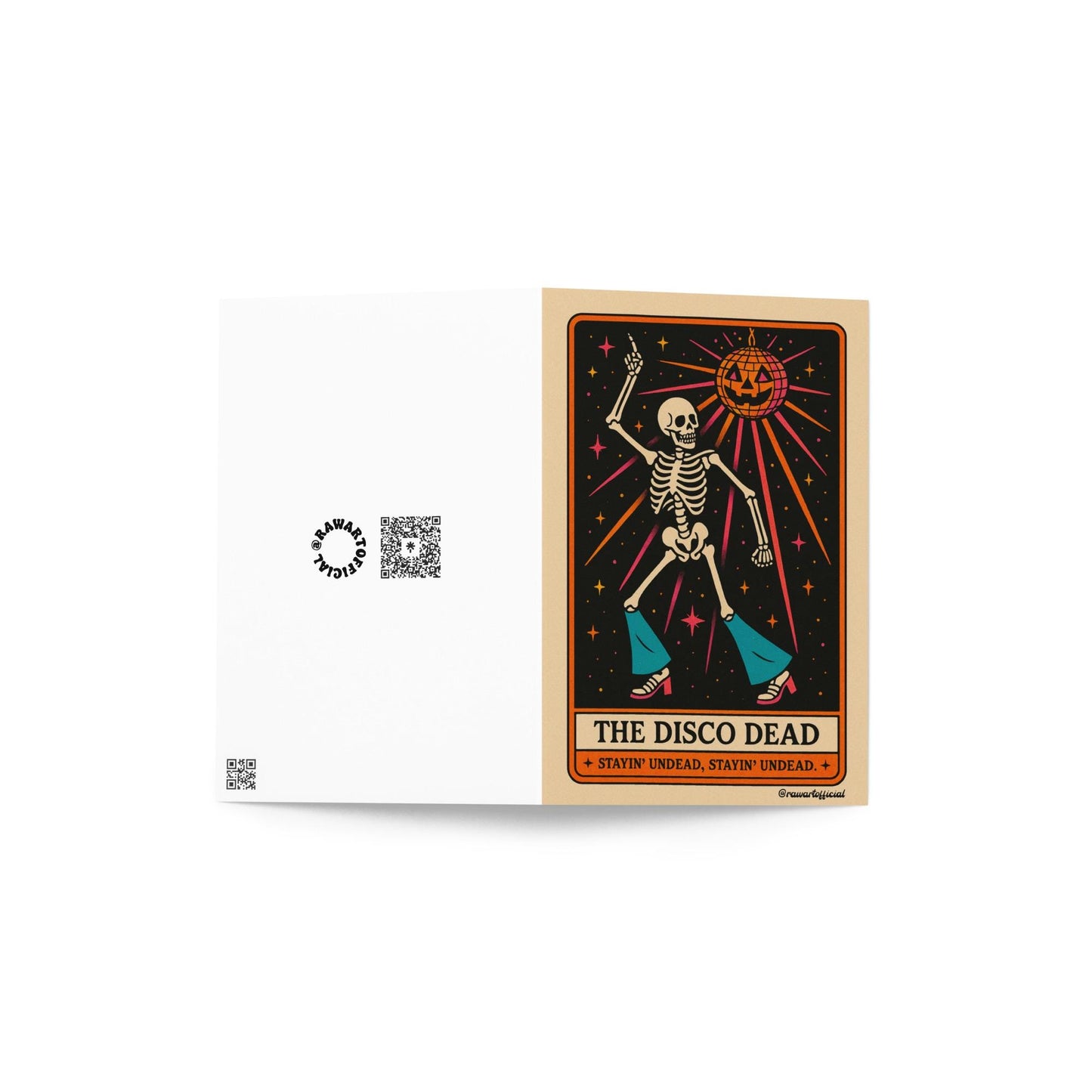 Retro tarot card design with a dancing skeleton in bell bottoms under a pumpkin disco ball, titled “The Disco Dead.”