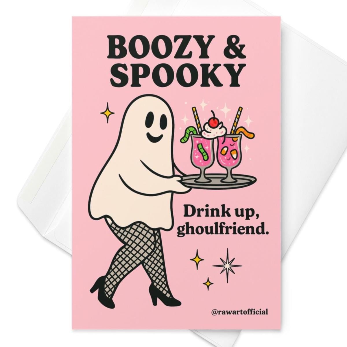 Retro ghost in fishnets serving cocktails with text “Boozy & Spooky – Drink up, ghoulfriend.”