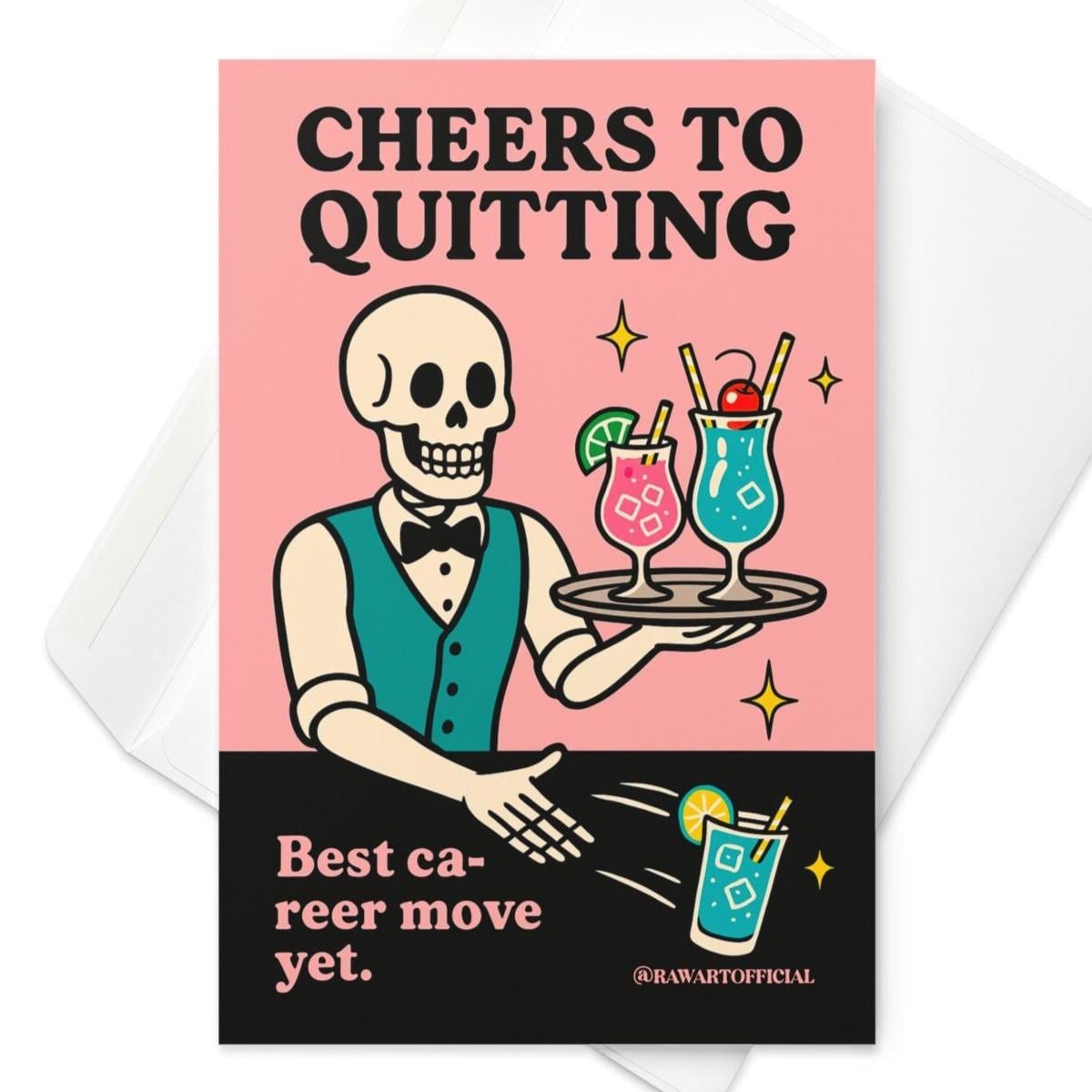 Retro skeleton bartender serving cocktails with text “Cheers to Quitting” funny job quit card