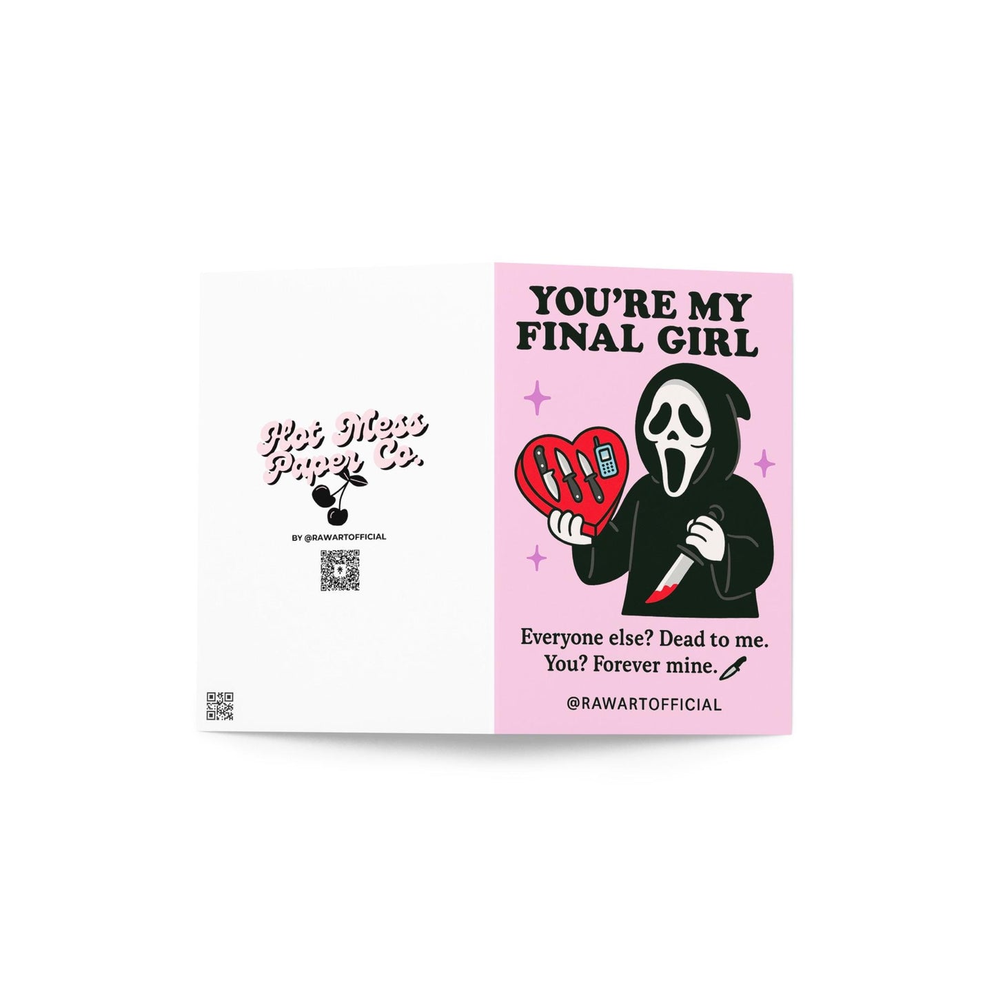 Ghostface holding a bloody knife and a heart-shaped box filled with knives and a phone, with text “You’re My Final Girl.”