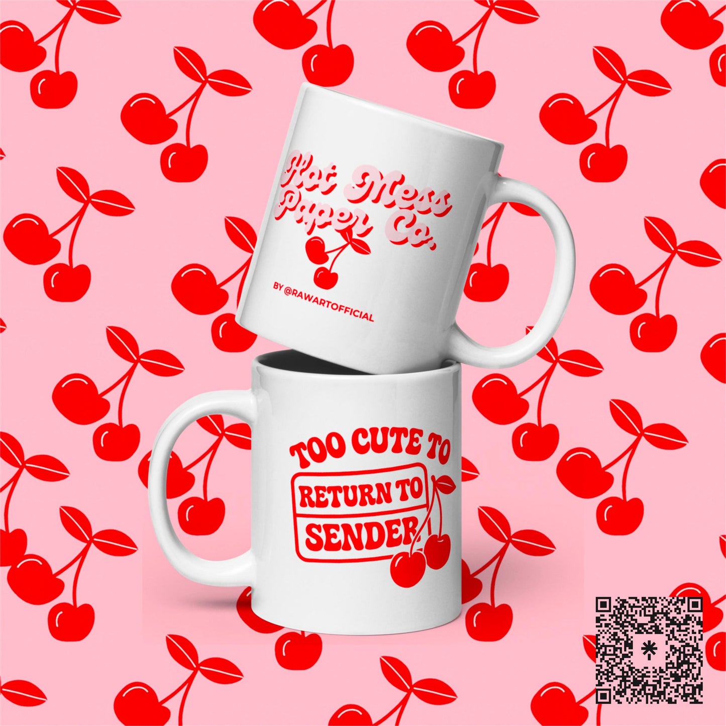 Stacked mugs showing both cherry designs, playful retro aesthetic