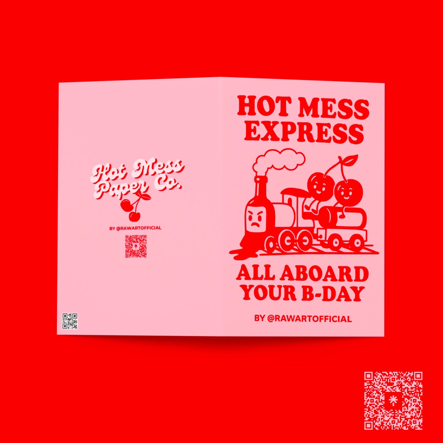 Retro birthday card with red cherries riding a cartoon train, text “Hot Mess Express – All Aboard Your B-Day.”