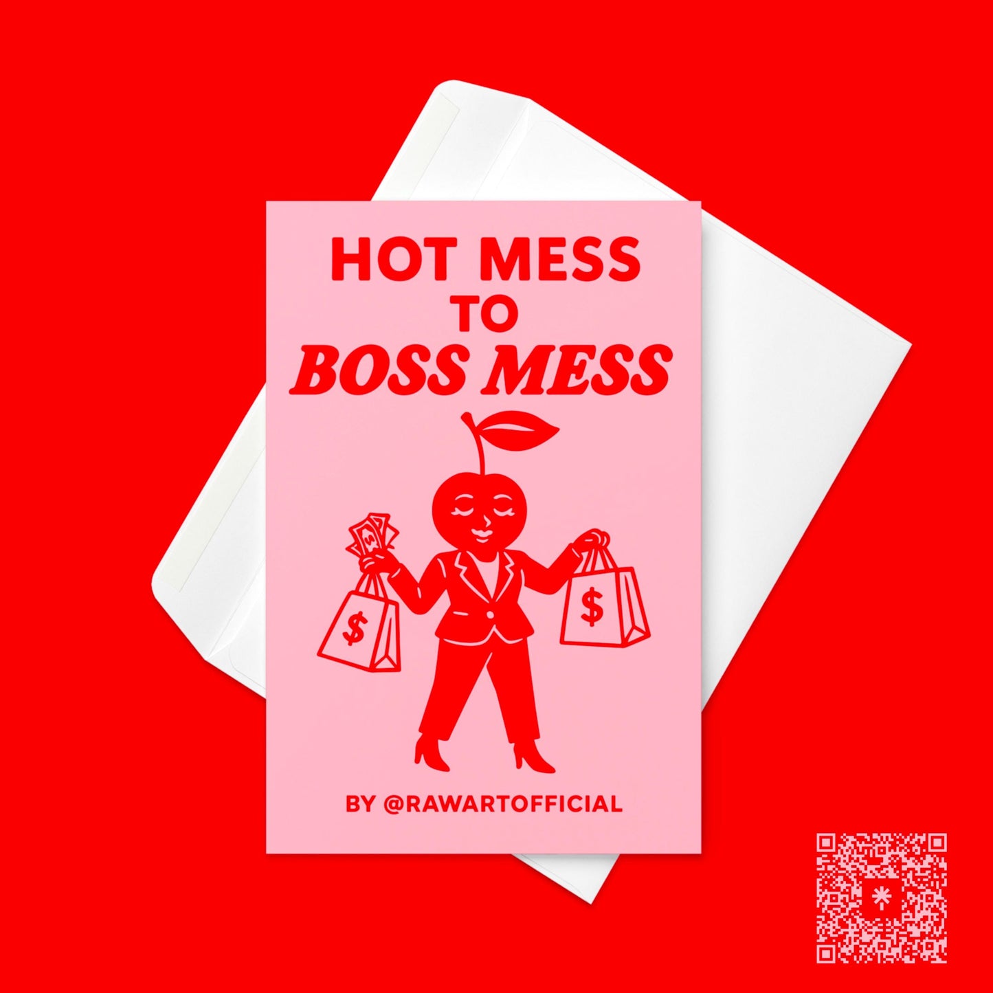 Retro pink greeting card with bold red cherry design and text “Hot Mess to Boss Mess,” funny promotion and new job celebration card.