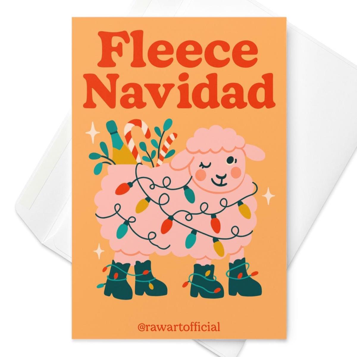 Funny Christmas greeting card with sheep wrapped in Christmas lights and text “Fleece Navidad.”