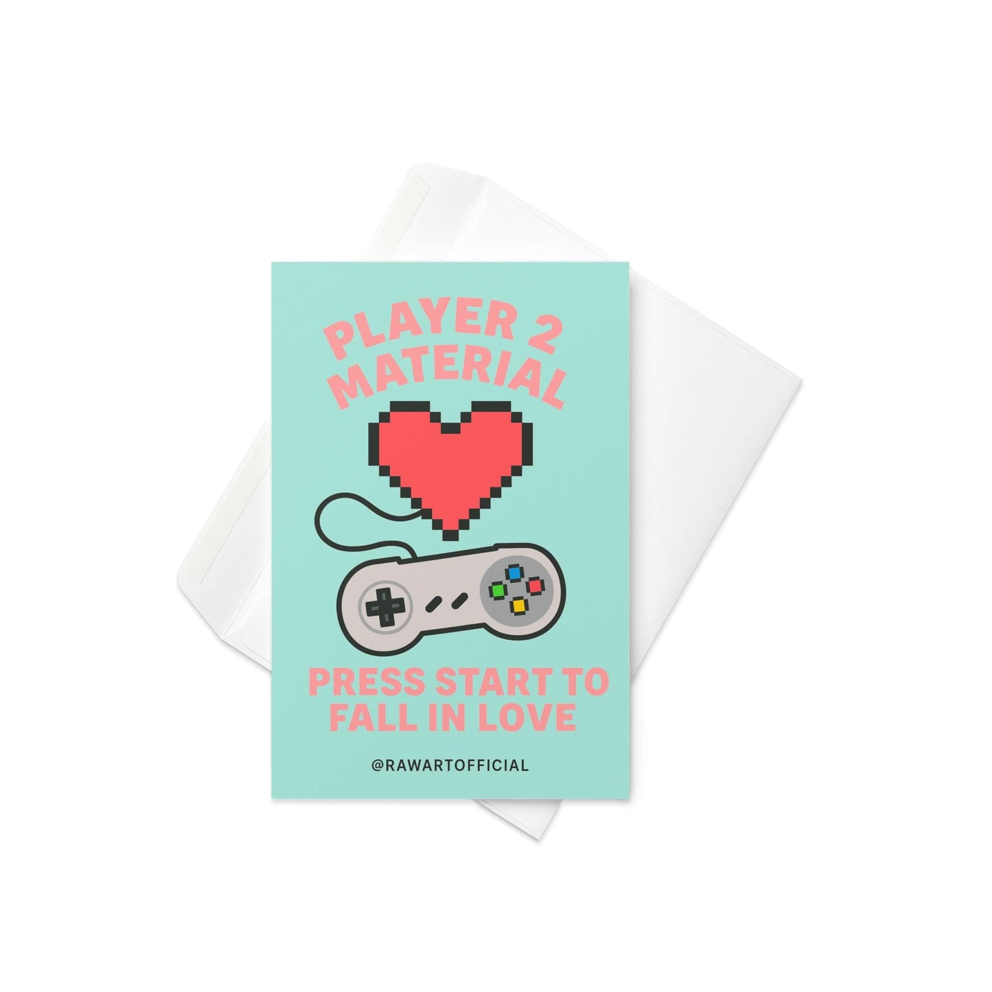 Funny retro Valentine card with a pixelated red heart and game controller reading “Player 2 Material – Press Start to Fall in Love.”