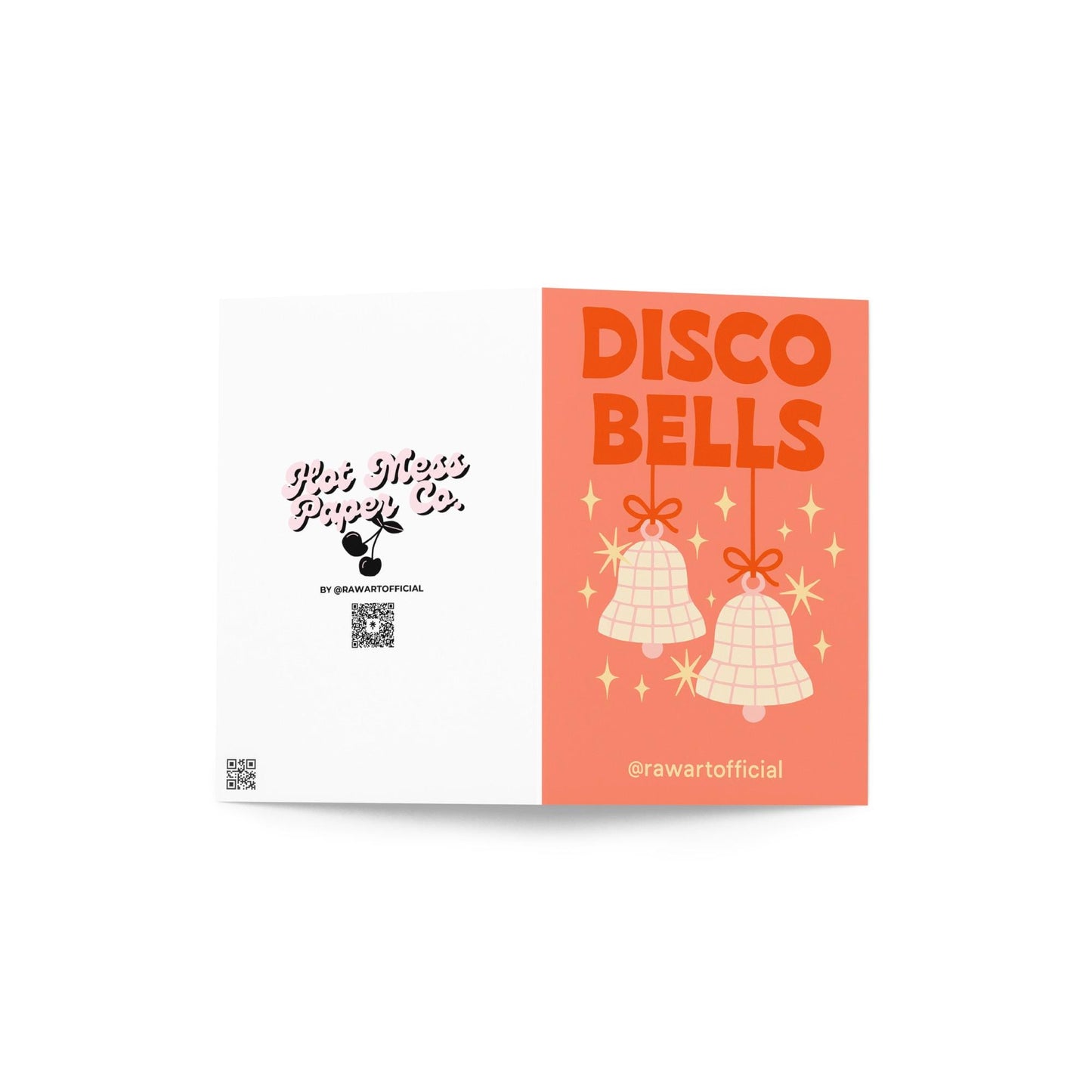 Retro “Disco Bells” Christmas card with sparkly disco ball bells, pink background, festive holiday pun by Hot Mess Paper Co.