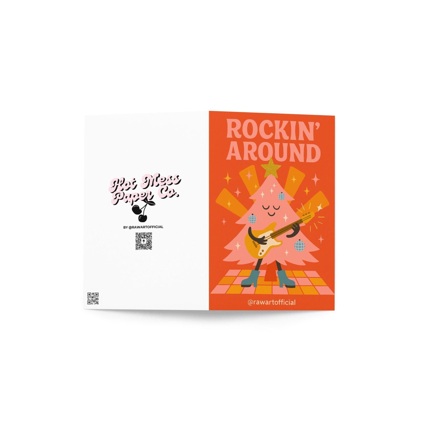 Retro Christmas card with pink disco ball tree playing guitar and text "Rockin’ Around" in bold letters.