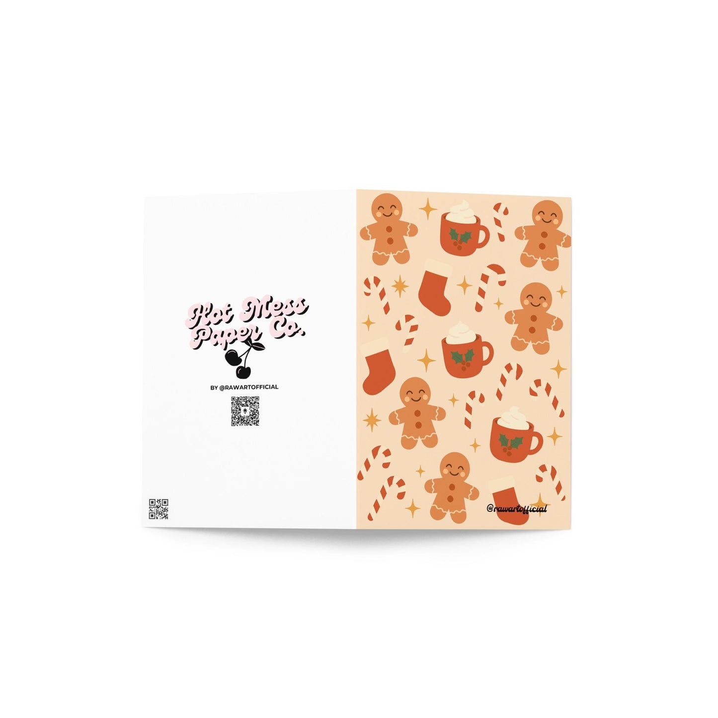 Retro gingerbread Christmas card with cookies, candy canes, stockings, and cocoa mugs on beige background.