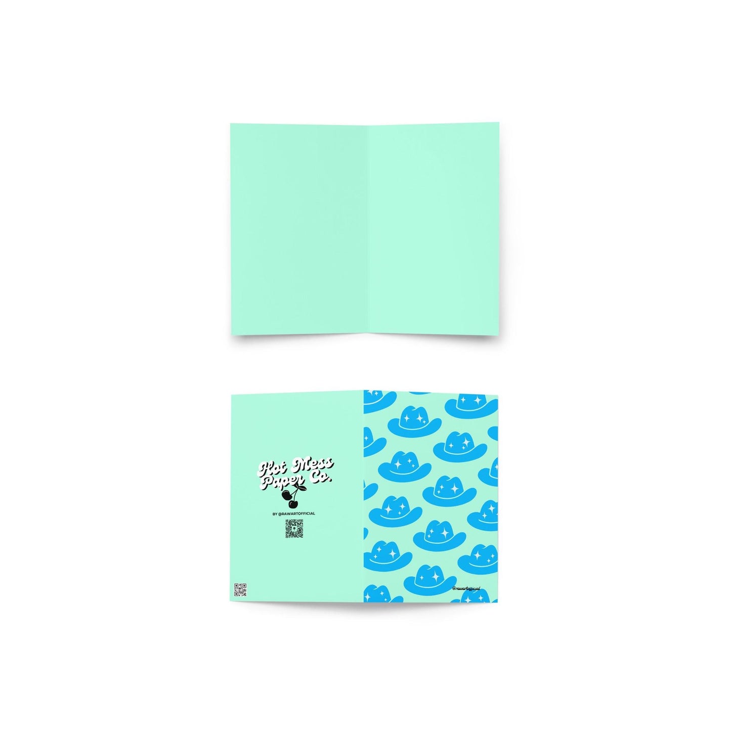 Retro sparkly blue cowgirl hat card in Y2K western aesthetic