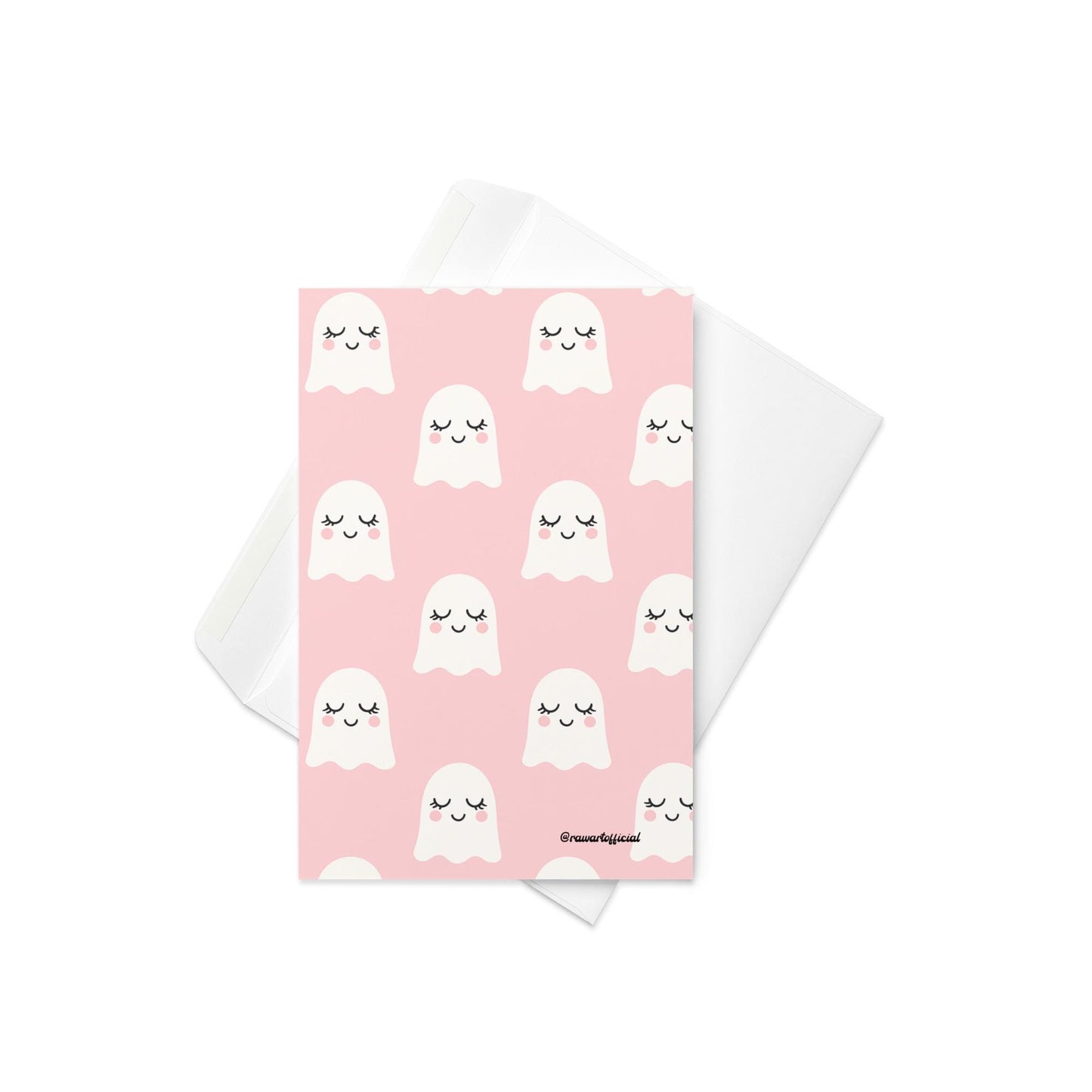 Greeting card featuring a repeating pattern of small white ghosts with blush cheeks on a pastel pink background in a minimalist cute style.