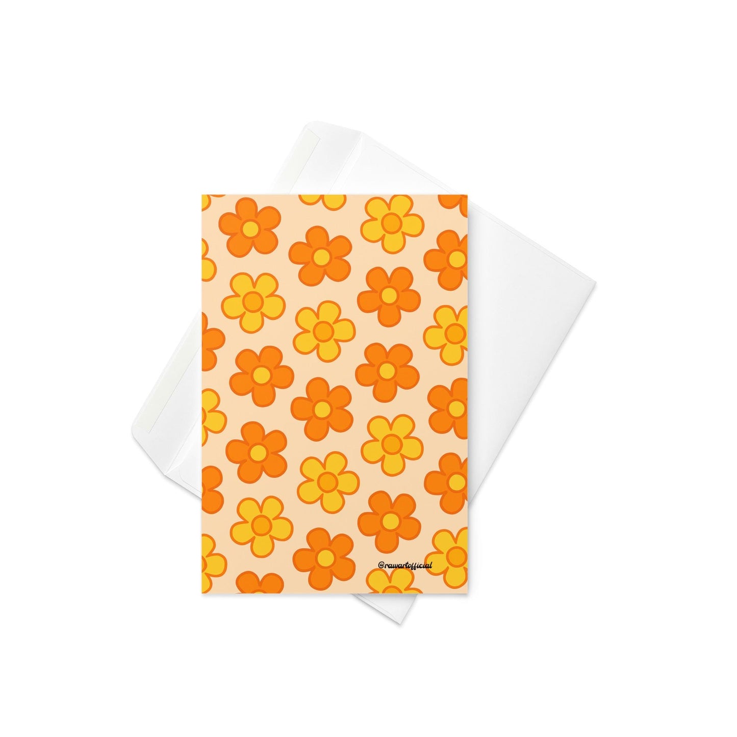 Cream greeting card with repeating orange and yellow daisy flower pattern in retro 70s Y2K style.